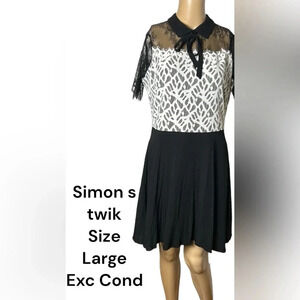 Simons Twik sheer ,lace dress,fray,lined,bow,shirt collar,Colorblock,multi media